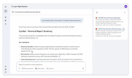 Google Agentspace intelligently summarizes complex information by accessing diverse data sources, empowering faster insights across various business functions.